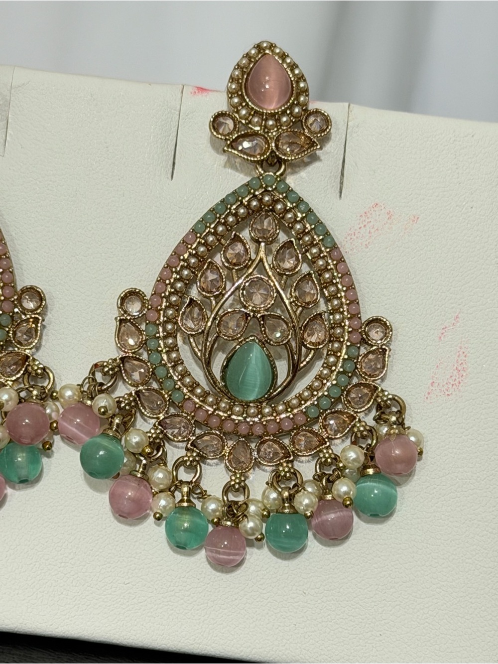 Elegant Pastel Green and Pink Chandbali Earrings by with Monalisa stone - Picture 6 of 6